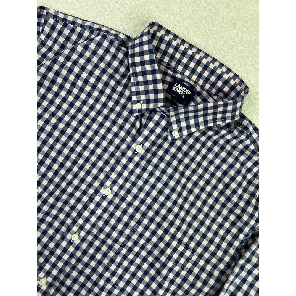 Lands' End Shirt Mens Large Blue Gingham Tailored Fit Button Front Long Sleeve